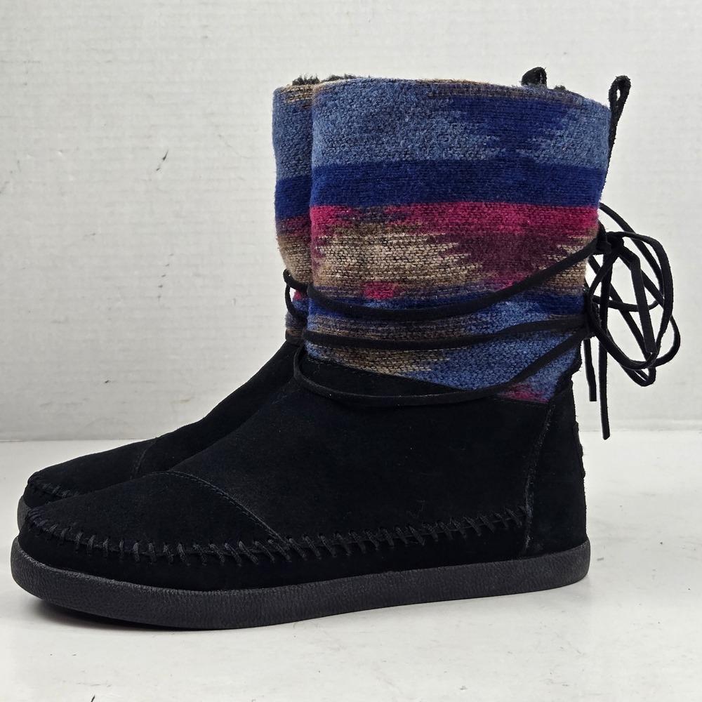 TOMS Nepal Boots Suede Woven Southwestern Aztec Black Multi Color Sherpa Size 8